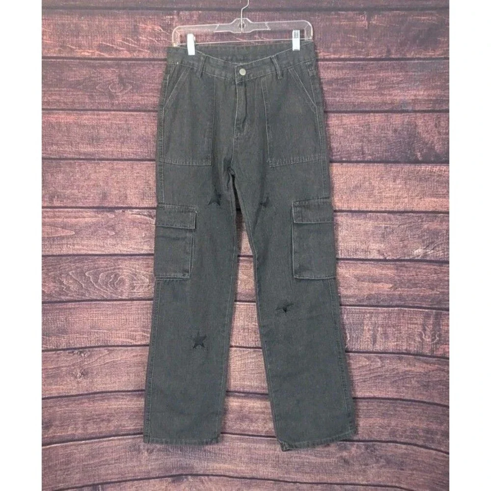 Women Retro Star Print  Jeans Wide‎ Leg Straight Demin Cargo Pants Casual